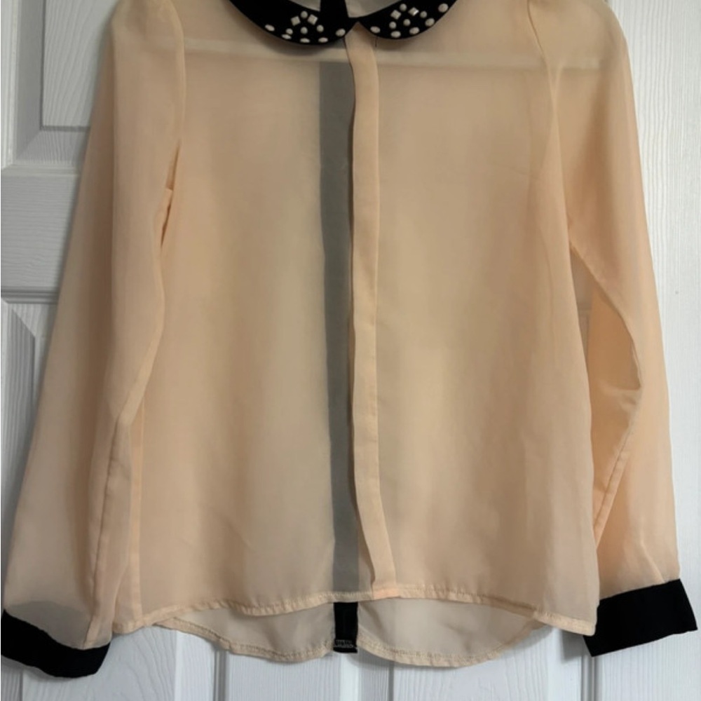 Elegant Cream Sheer Blouse with Black Collar